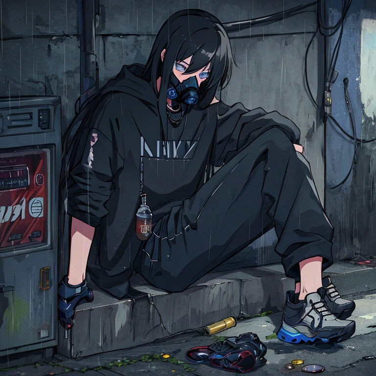 best quality,   masterpiece,  HD , Night, rain,  Out ,   small alleys ,   sells vending machine background ,  A boy, sad,  very very long hair in black,   blue-gray eyes ,  gasmask, necklace,  hoodie black ,   cargo jeans black ,  Sports shoes ,   sit on ground ,   drink energy drink ,   knife on floor bloody ,   pistol on ground ,  s parts floor , 