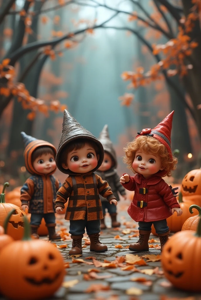"Trick or Treat": An adorable illustration of children in costumes going door-to-door for trick or treating, with a backdrop of colorful autumn leaves and candy-filled buckets, capturing the excitement of Halloween night, Ultra realism, color field printing, high detail, UHD, 8k, anatomically correct, cinematic lighting 4d quality --auto --s2