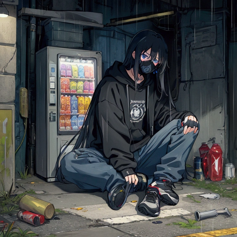 best quality,   masterpiece,  HD , Night, rain,  Out ,   small alleys ,   sells vending machine background ,  A boy, sad,  very very long hair in black,   blue-gray eyes ,  gasmask, necklace,  hoodie black ,   cargo jeans black ,  Sports shoes ,   sit on ground ,   drink energy drink ,   knife on floor bloody ,   pistol on ground ,  s parts floor , 