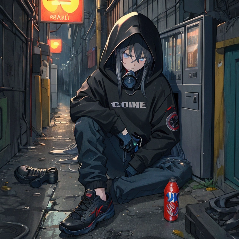 best quality,   masterpiece,  HD , Night, rain,  Out ,   small alleys ,   sells vending machine background ,  A boy, sad,  very very long hair in black,   blue-gray eyes ,  gasmask, necklace,  hoodie black ,   cargo jeans black ,  Sports shoes ,   sit on ground ,   drink energy drink ,   knife on floor bloody ,   pistol on ground ,  s parts floor , 