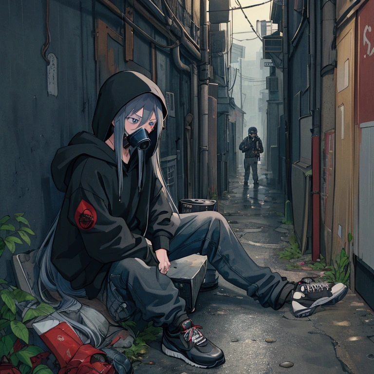 best quality,   masterpiece,  HD , Night, rain,  Out ,   small alleys ,   sells vending machine background ,  A boy, sad,  very very long hair in black,   blue-gray eyes ,  gasmask, necklace,  hoodie black ,   cargo jeans black ,  Sports shoes ,   sit on ground ,   drink energy drink ,   knife on floor bloody ,   pistol on ground ,  s parts floor , 