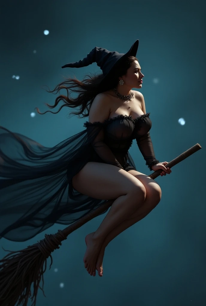 Witch flying on a broomstick, naked, explicit nude.