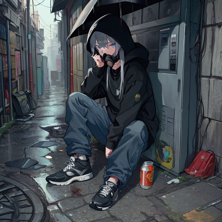 best quality,   masterpiece,  HD , Night, rain,  Out ,   small alleys ,   sells vending machine background ,  A boy, sad,  very very long hair in black,   blue-gray eyes ,  gasmask, necklace,  hoodie black ,   cargo jeans black ,  Sports shoes ,   sit on ground ,   drink energy drink ,   knife on floor bloody ,   pistol on ground ,  s parts floor , 