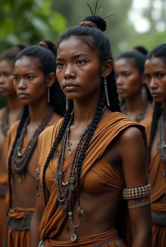 RAW Photo, ((powerful)), ((fierce)), ((Uncompromising)), A group of Amazon women , Their presence inspires respect and evokes awe. Dressed in an open leather vest, Each warrior wields weapons such as bows and arrows. Their rugged, weathered faces bear witness to countless battles and untamed courage. standing against a backdrop of a dense forest with huts in the branches of the sturdiest trees, They represent the indomitable spirit of the Amazons. with their flowing hair and determined expressions, They embody strength, bravery, and the unbreakable bond of sisterhood. This scene captures the essence of their rich history and fierce warrior traditions, Immersing you in an epic saga of valor and conquest. eye-level, scenic, Masterpiece.