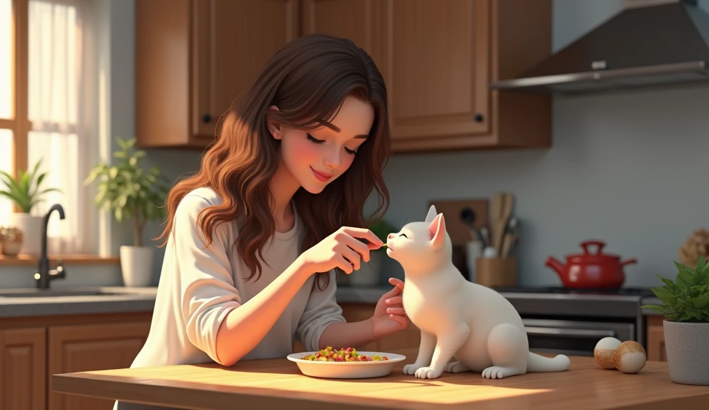  A beautiful brunette girl standing in the kitchen holding a kitten cuddling the cat, she is looking at the smiling cat ,  the cat is looking at her too and smiling  