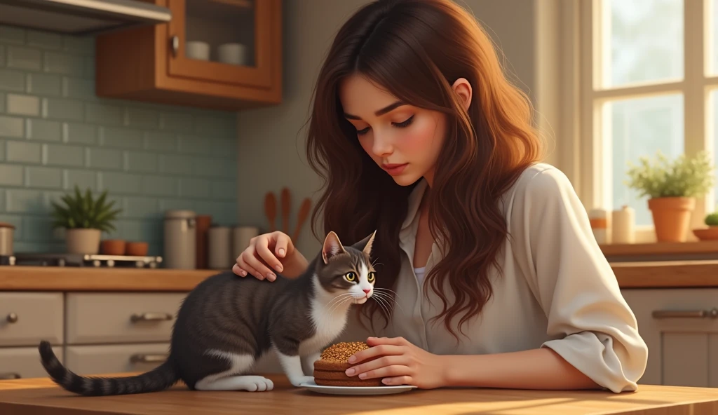  A beautiful brunette girl standing in the kitchen holding a kitten cuddling the cat, she is looking at the smiling cat ,  the cat is looking at her too and smiling  