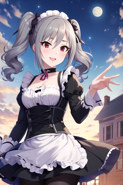 masterpiece,  best quality ,  Kampala, Arlanco, Long Hair,  twin tails, twin drills, Hair Ribbon, medium breasts,  choker,  clevis, frills, gothic, dress,  Long Sleeve ,  Reach Out , smile,  opens her mouth,  Knight , city,  cowboy shots, moon,  Knight , ビクトリア朝の白いdressを着て, Maid, ビクトリア朝のdress, apron, leggings,  black pantyhose, ( upper body close-up ), place your hands on your lower back,  detailed needles 