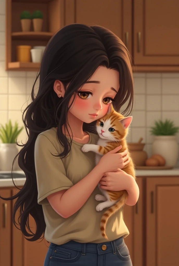  A beautiful brunette girl standing in the kitchen holding a kitten cuddling the cat, she is looking at the smiling cat ,  the cat is looking at her too and smiling  