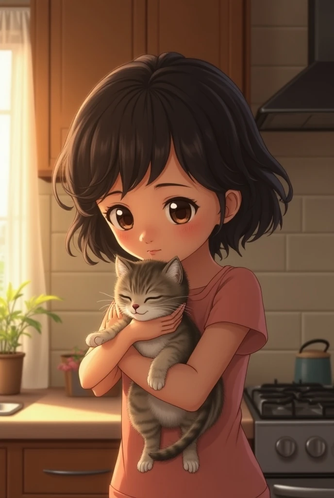  A beautiful brunette girl standing in the kitchen holding a kitten cuddling the cat, she is looking at the smiling cat ,  the cat is looking at her too and smiling  