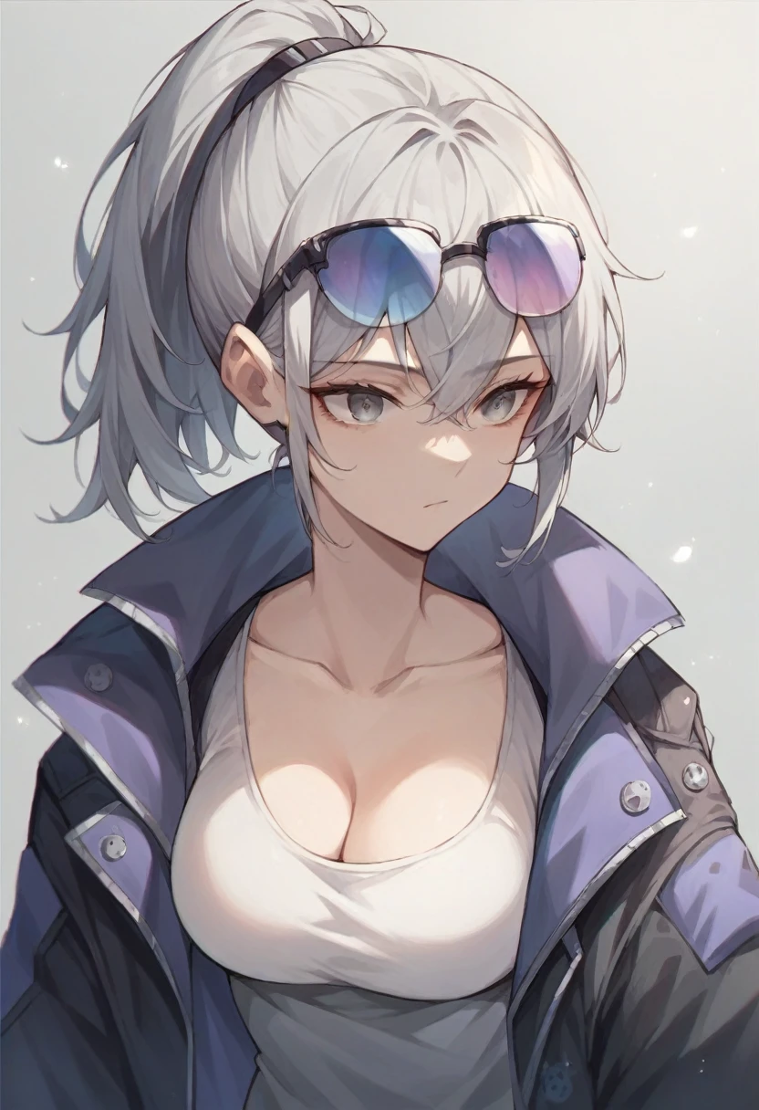 1girl,breasts,solo,eyewear_on_head,black_jacket,jacket,cleavage,shirt,grey_hair,grey_eyes,open_jacket,bangs,ponytail, sliverwolf