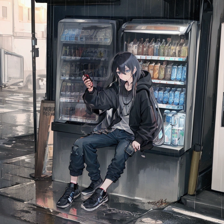 best quality,   masterpiece,  HD , Night, rain,  Out ,   small alleys ,   sells vending machine background ,  A boy, sad,  very very long hair in black,   blue-gray eyes ,  gasmask, necklace,  hoodie black ,   cargo jeans black ,  Sports shoes ,   sit on ground ,   drink energy drink ,   knife on floor bloody ,   pistol on ground ,  s parts floor , 