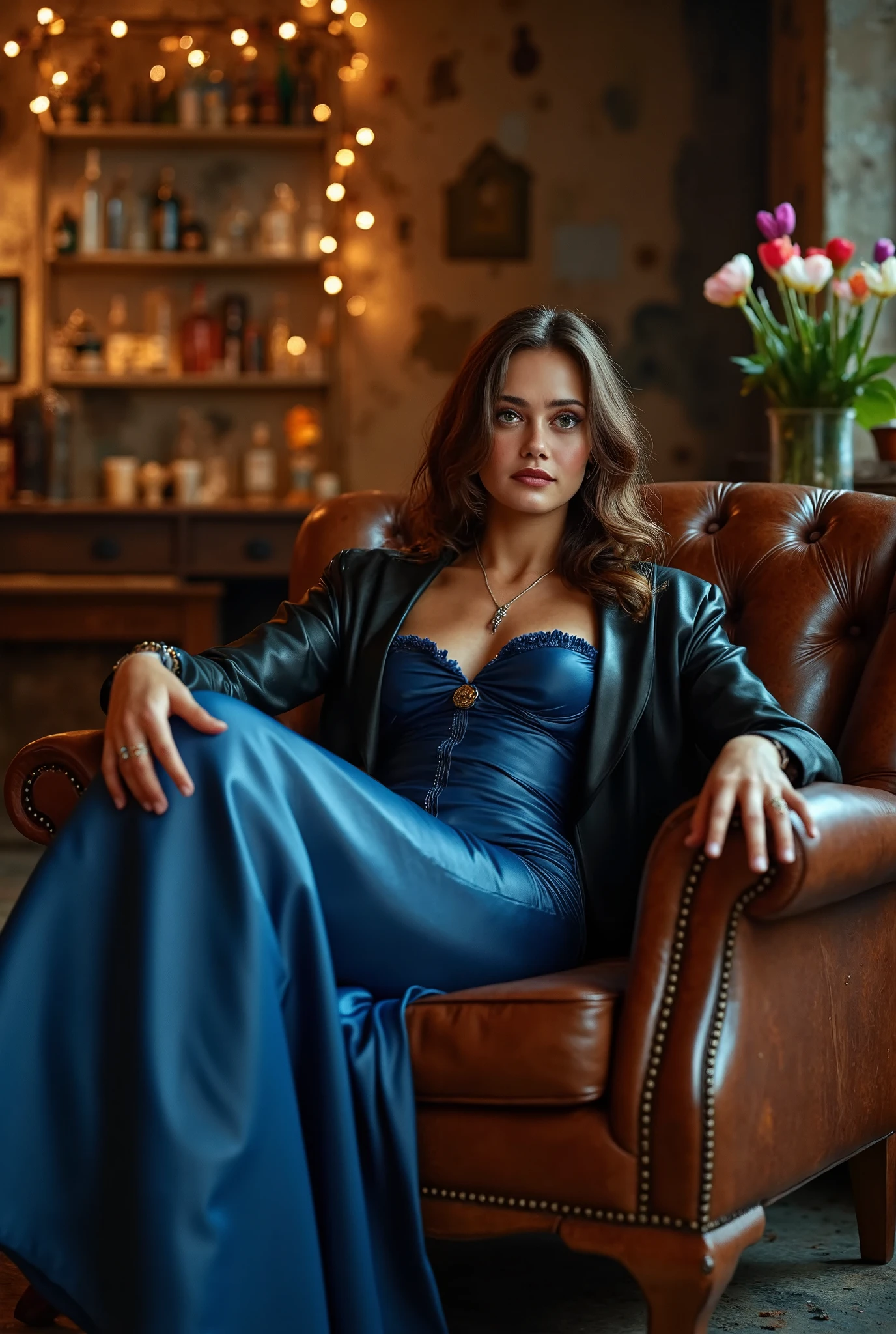 Ella Purnell, blue luxury long leather gown and crop black leather bolero, wavy hair, flirting with the viewer, choker, low hanging necklace, in a old abandoned factory, amber twinkle lights in background, surrounded by flowers, lounging in a vintage leather chair, leg crossed