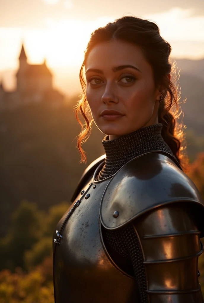 Ella Purnell, (masterpiece), (extremely intricate:1.3), (realistic), portrait of a girl, the most beautiful in the world, (medieval armor), metal reflections, upper body, outdoors, intense sunlight, far away castle, professional photograph of a stunning woman detailed, sharp focus, dramatic, award winning, cinematic lighting, octane render unreal engine, volumetrics dtx, (film grain, blurry background, blurry foreground, bokeh, depth of field, sunset, motion blur:1.3), chainmail