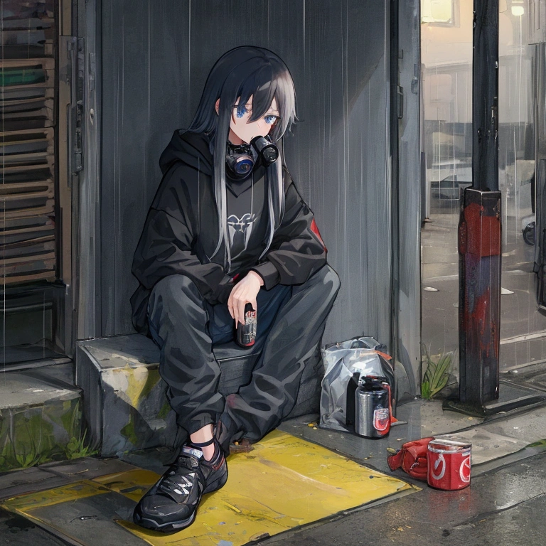 best quality,   masterpiece,  HD , Night, rain,  Out ,   small alleys ,   sells vending machine background ,  A boy, sad,  very very long hair in black,   blue-gray eyes ,  gasmask, necklace,  hoodie black ,   cargo jeans black ,  Sports shoes ,   sit on ground ,   drink energy drink ,   knife on floor bloody ,   pistol on ground ,  s parts floor , 