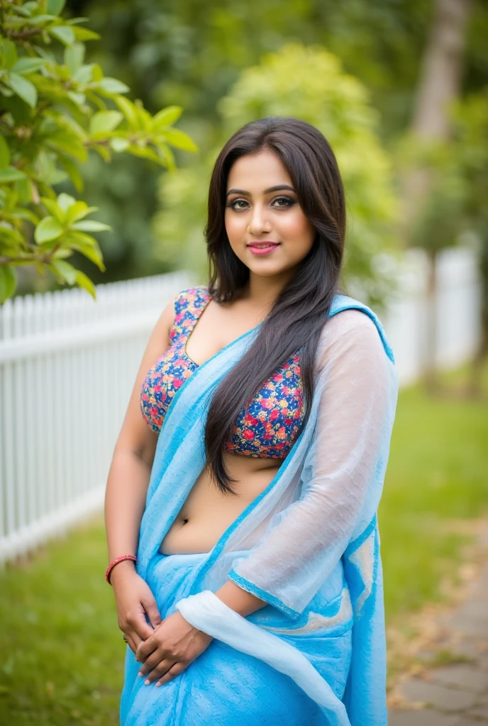 1girl, tanvi, massive breasts, 
The image is a high-resolution photograph featuring a young woman of South Asian descent standing outdoors in a serene, slightly blurred garden setting. She has a medium-brown skin tone and long, straight dark brown hair that falls over her shoulders. Her eyes are a deep brown, and she has a gentle, inviting smile. She is dressed in a traditional Indian outfit, wearing a blue and white saree with intricate, colorful geometric patterns on the blouse.
The image is a high-resolution photograph featuring a young woman of South Asian descent standing outdoors, likely in a garden setting with a white picket fence in the background and lush greenery. She has a light to medium skin tone and long, straight black hair that falls over her shoulders. Her eyes are a striking brown, and she has a gentle, inviting smile on her face. She is dressed in a traditional Indian outfit, specifically a white saree draped elegantly over a colorful blouse.