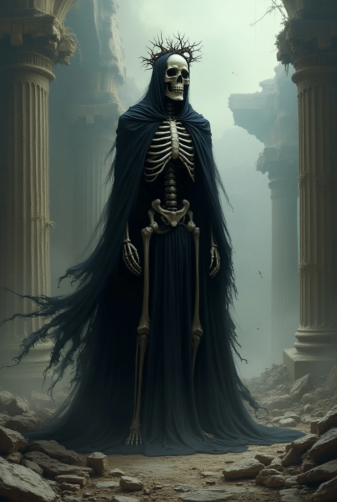 An eerie gothic scene featuring a cloaked skeletal figure standing tall within a crumbling, ancient archway. The figure, draped in tattered robes, grips a long, decaying staff. The entire frame is overwhelmed with thick spider webs, creeping across the skeletal figure and the surrounding stonework, blending them into the dilapidated structure. Intricate gothic carvings and broken statues are partially visible through the layers of dust and webs. The lighting is dim, casting long shadows, while bats fly ominously in the distant background, amplifying the dark and mysterious atmosphere