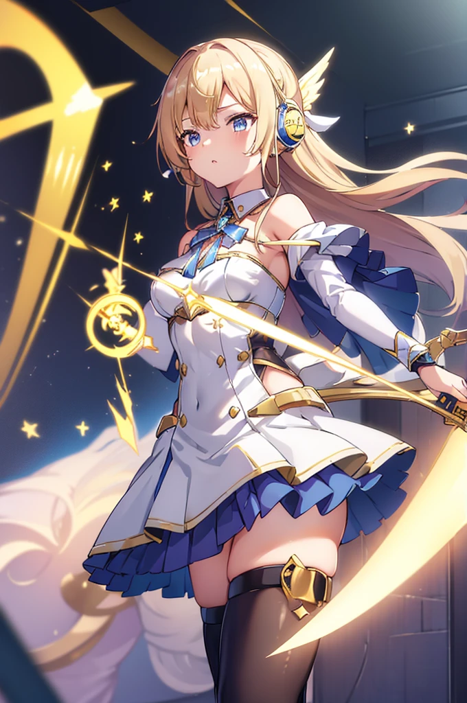 mecha wing、Thighs、tights、chest、Golden Hair、Light blue ribbon、 1 girl、 solo girl 、income、 headphones、idol dress、Rin々Funny face、 holding a sword 、 has a shield、mecha girl