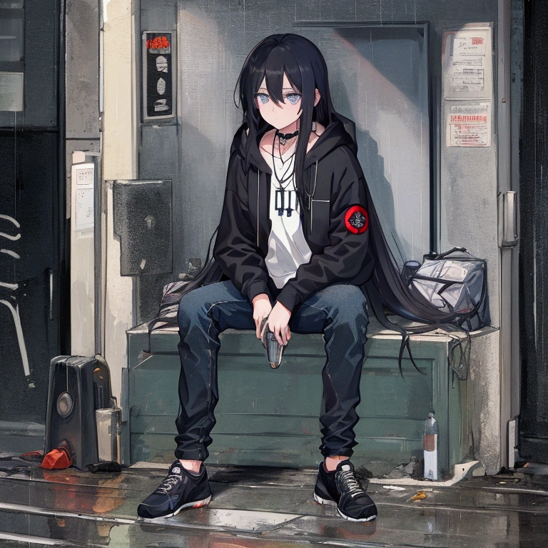 best quality,   masterpiece,  HD , Night, rain,  Out ,   small alleys ,   sells vending machine background ,  A boy, sad,  very very long hair in black,   blue-gray eyes ,  gasmask, necklace,  hoodie black ,   cargo jeans black ,  Sports shoes ,   sit on ground ,   drink energy drink ,   knife on floor bloody ,   pistol on ground ,  s parts floor , 