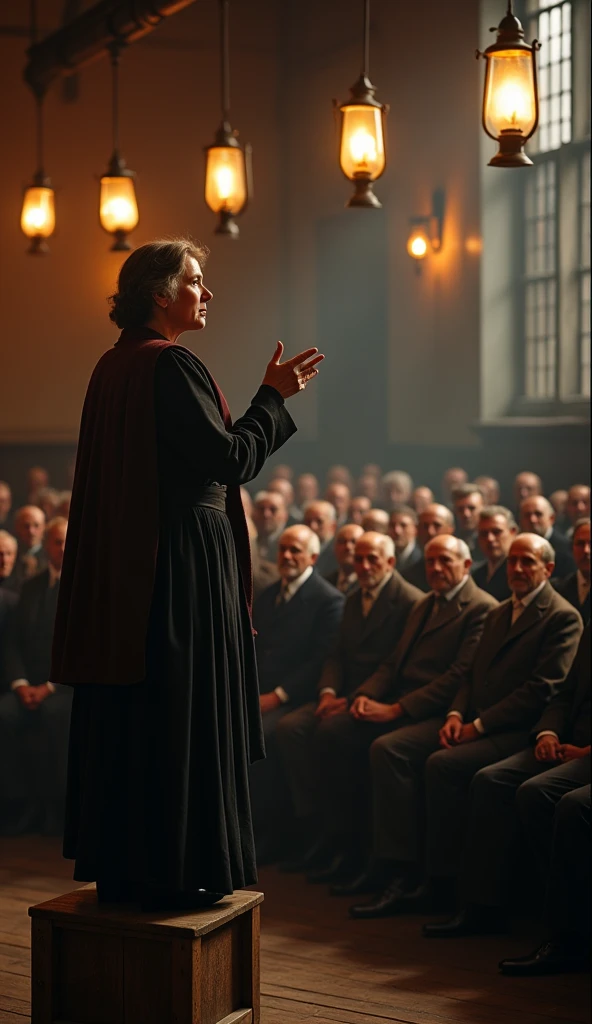 Sarah Chapman addressing a crowd of workers • dressed in a dark, modest Victorian dress with a shawl • inside a dimly lit meeting hall • standing on a wooden crate as she passionately speaks • rows of women and men attentively listening • flickering gas lamps hanging above • medium shot, from the perspective of the crowd • hyper-realistic, photo realism, cinematography. The camera lens size should be 200mm, aperture setting f/4.5, and ISO 1600. The medium should be color photography.