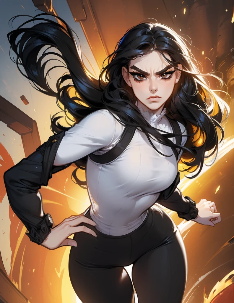 (Masterpiece:1.2), ultradetailed face, portrait, detailed shading, skinny, (dynamic pose:1.4), (confident:1.2), young woman, blushyspicy, thick lineart, heavy makeup, angry eyes, fit clothing, (medium straight hair), black hair, angry face, pale skin, sexy pose