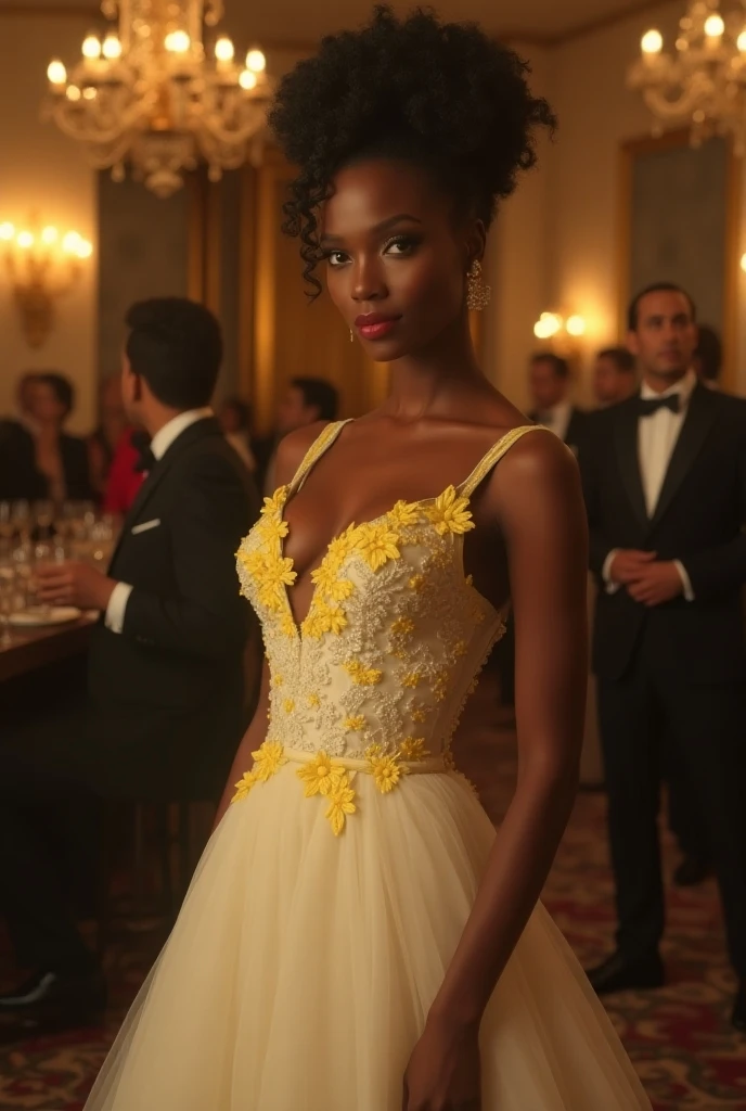 A Nigerian young female sitting in front of an old model Royce Royce wearing an old school dress the males wearing a suspended belt and a hat and a bow tie