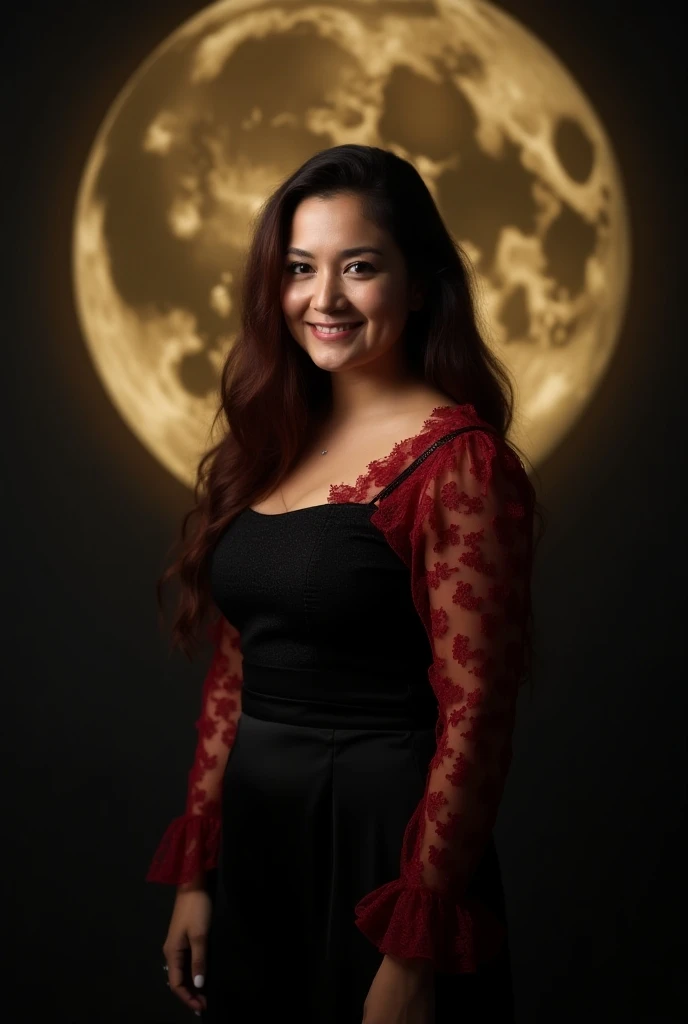 close-up portrait, aradia, (horns), gray skin, very long hair, large breasts, cleavage, tube top, sleeveless dress, smile, bare shoulders, collarbone, (black lipstick), eyeliner, mature, (black eyes), (yellow sclera), goth, looking at viewer, night sky, stars, nebula, low angle