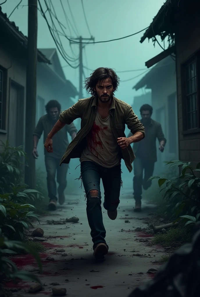 Abandoned hospital, man using a knife attacks zombie in front of him, zombie is dead and falls to the ground