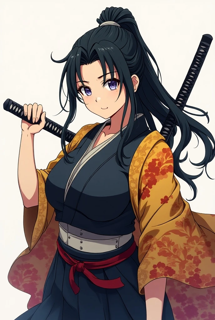 Anime Japanese woman wearing a kimono, Yellow-eyed, Black Hair, Maroon dress, olive green hakama. She has very large breasts, Her long hair is parted in the middle and tied back., And smiling. She has a sword on her left hip.