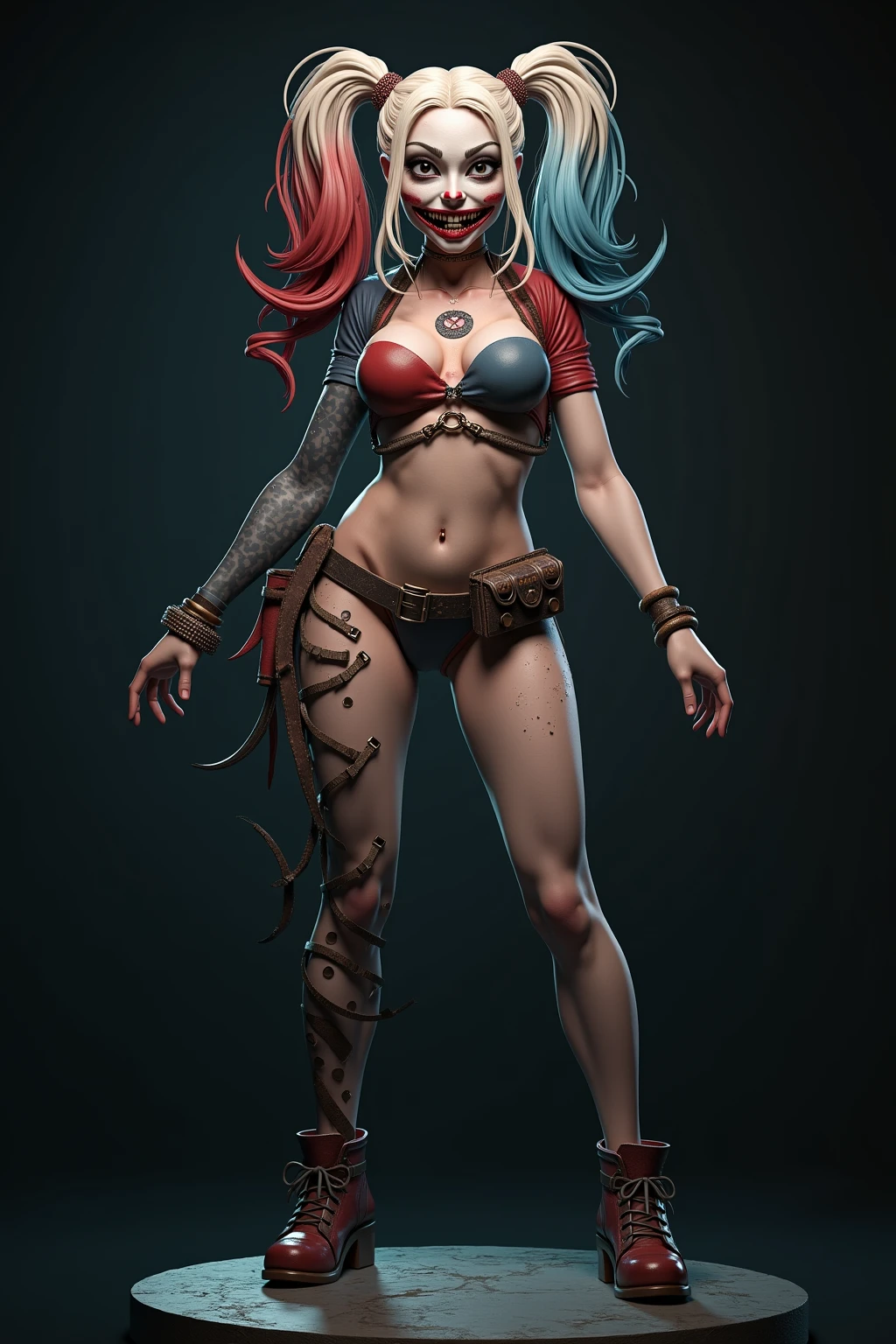 (masterpiece, best quality) Harley Quinn, beautiful woman, pigtails, metal bikini, as slave Leia, in chains, expression of pain and pleasure, in Jabba's Palace, vibrant colors