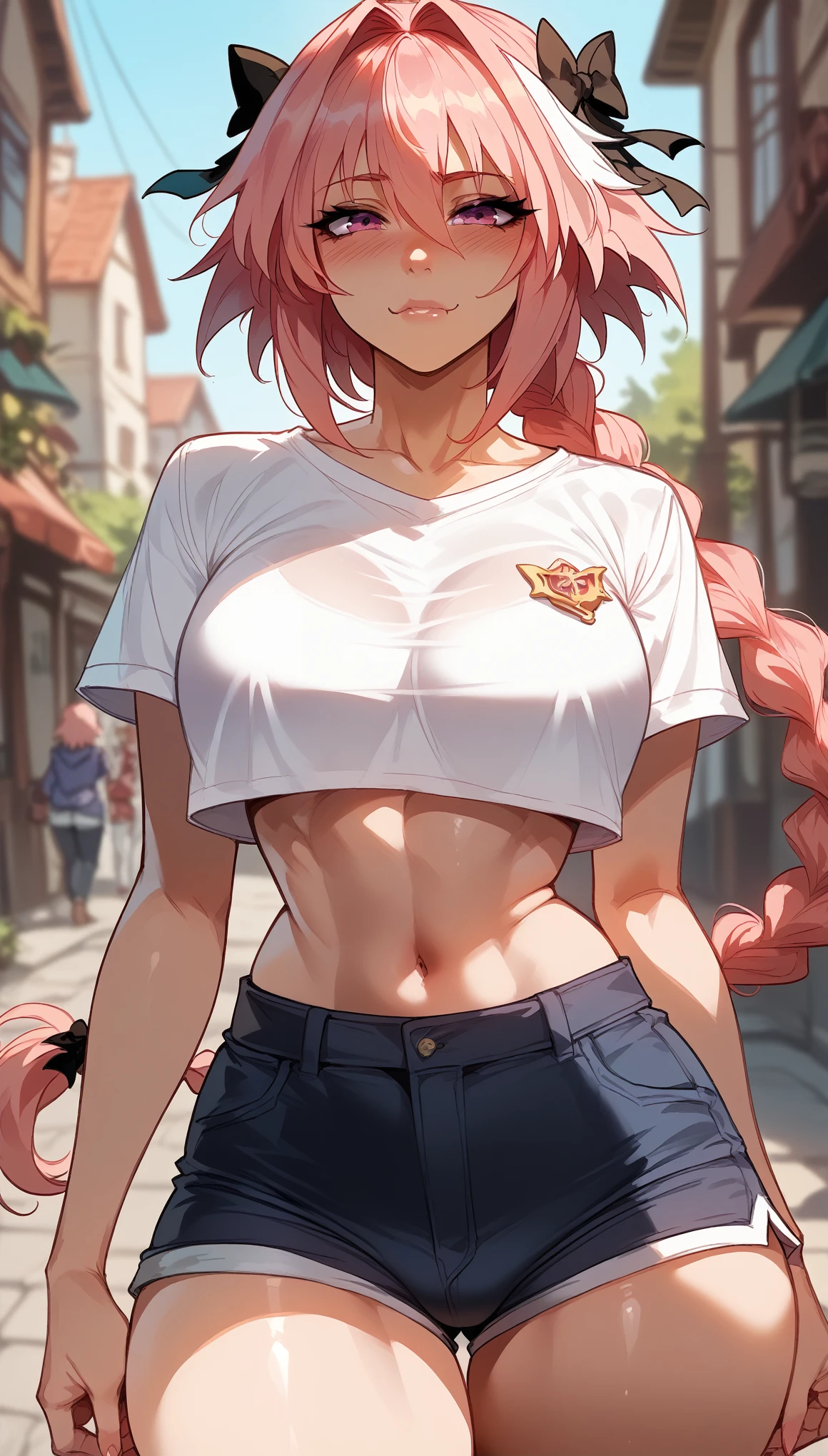 1 girl,pink short hair,pink cat ear,pink detailed eyes,glasses,blush face,white t shirt,pink jaket,big breast,white short pantai,tight legs,long legs,silly pose, sweating body