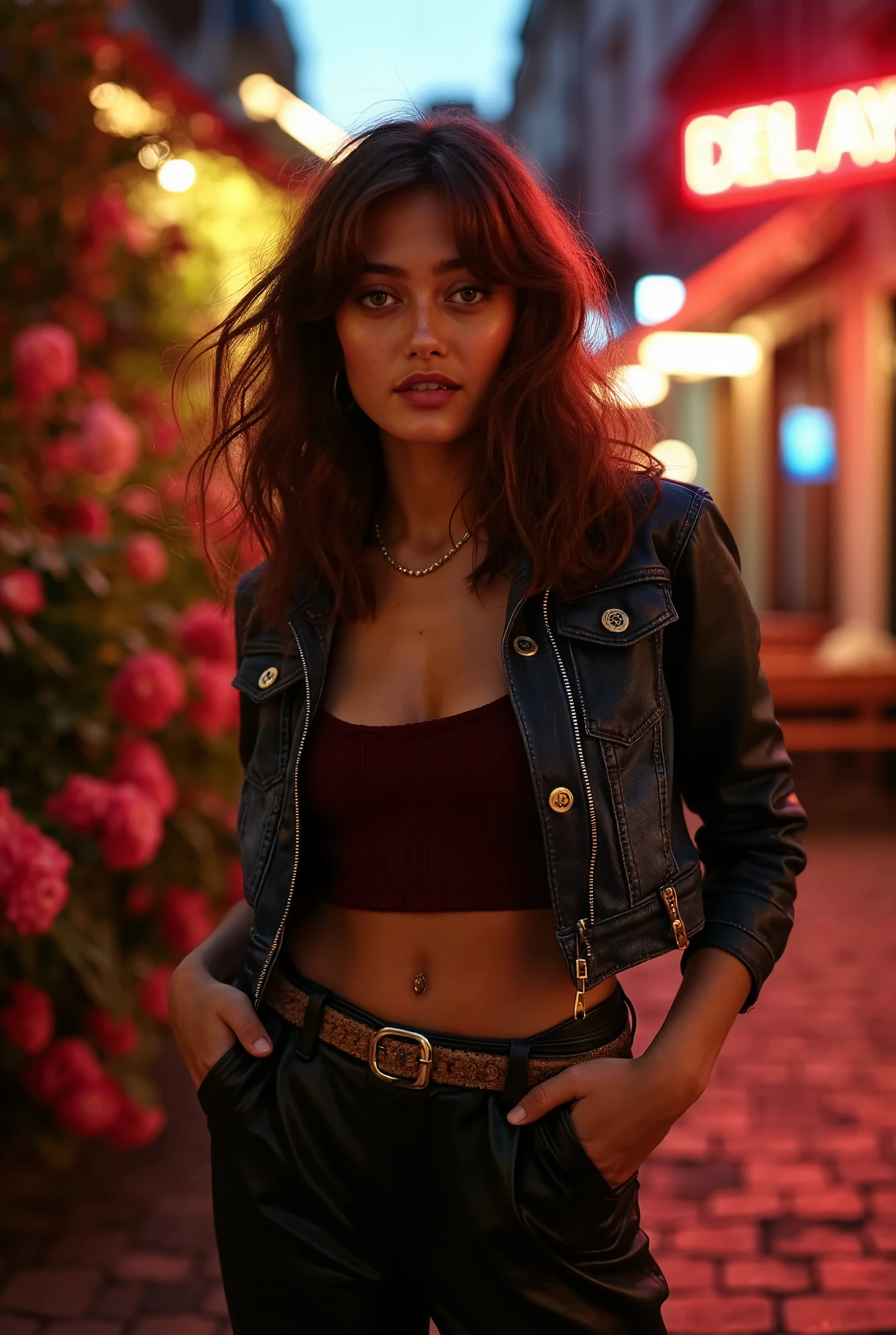 Foreground: Ella Purnell, brunette hair in the wind. she's a men magazine model, She has a subtle smile and flirts with the camera, (she wears crop denim moto jacket, casual ribbed tanktop and leather pants with big belt:1.2), background posing in Paris, red light district Paris, green trees, beautiful flowers, ((sunset:1.3))