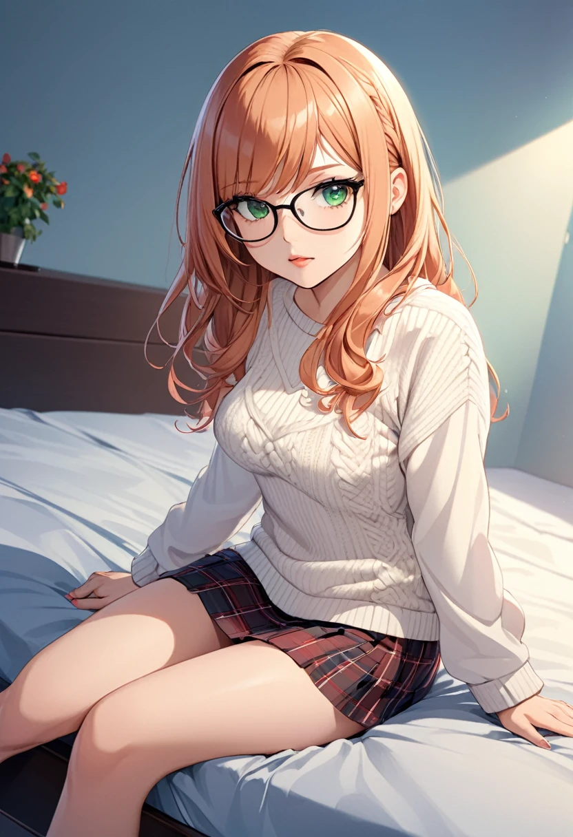 masterpiece, perfect lighting, (beautiful, best quality: 1.3), perfect eyes, perfect anatomy, absurd, 8k, 1 girl, bare legs, black stockings, blue shorts, in love, red eyes, feet, red glasses, medium hair , long hair, red hair, eyes wide open, smiling in front, small breasts, sitting, yellow turtleneck sweater, room with bed and stuffed animals