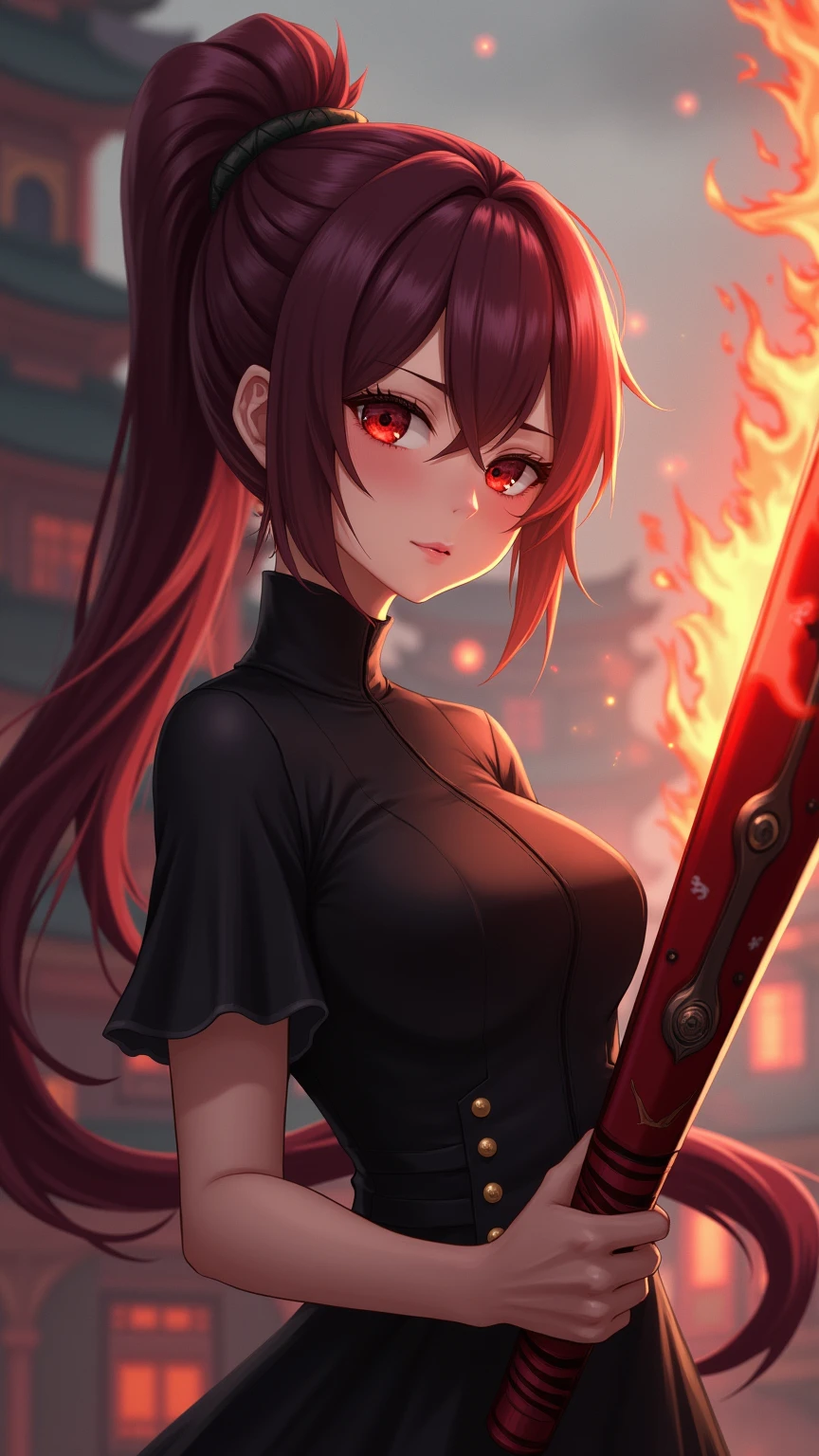 red hair, female, solo, smol, red eyes, massive breasts, oppai loli, very long hair, wear open cut black tight tank top and red leggings, holding a red sword, masterpiece, ultra high quality