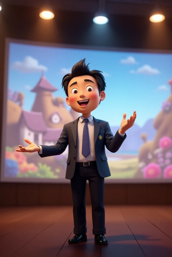A highly realistic image of the same young boy, now about  with short black hair, standing proudly on a stage at his middle school graduation ceremony. He is dressed in a formal outfit: a navy blue suit with a crisp white shirt and a red tie. He holds his diploma in one hand, and his face is lit up with a radiant smile of achievement and joy. The stage is adorned with graduation decorations, including colorful balloons and a banner that reads 'Congratulations Class of [Year]'. The audience, consisting of parents, classmates, and teachers, is clapping and smiling, celebrating the moment. The scene captures the boy’s sense of pride and success as he receives his diploma, reflecting his journey from a lonely, struggling student to a triumphant graduate.