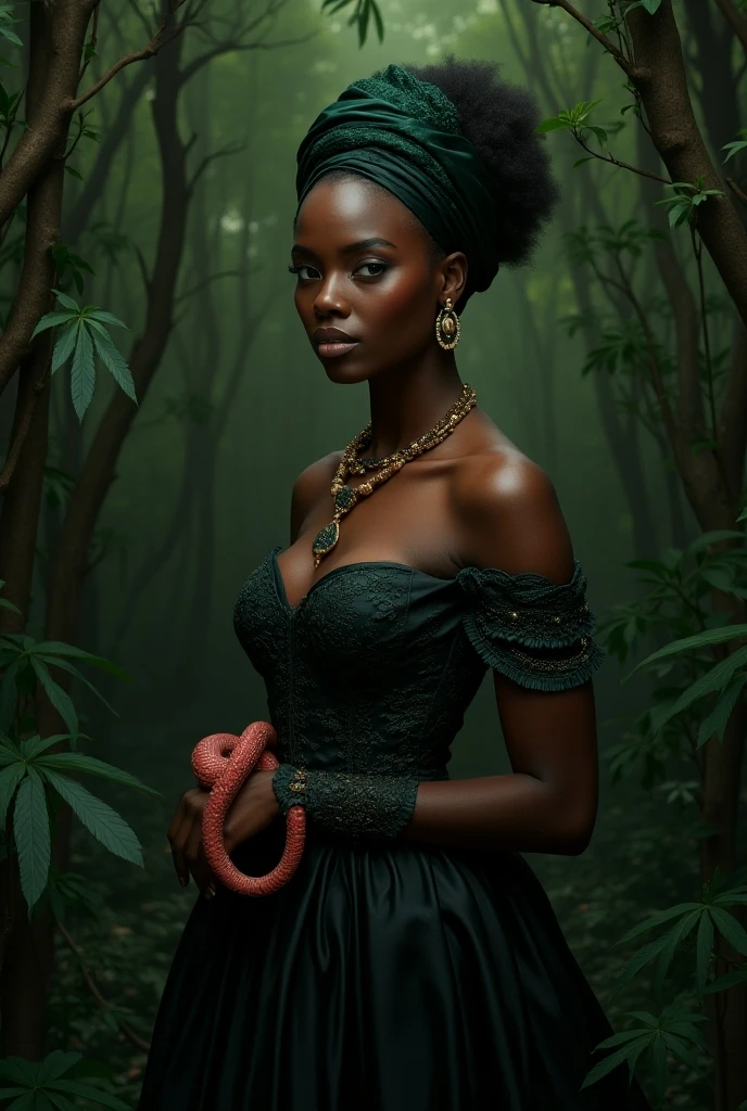 Create a realistic phone wallpaper of slim naked black hair goddess with big breasts one blessing hand sitting under 5 heads snake 