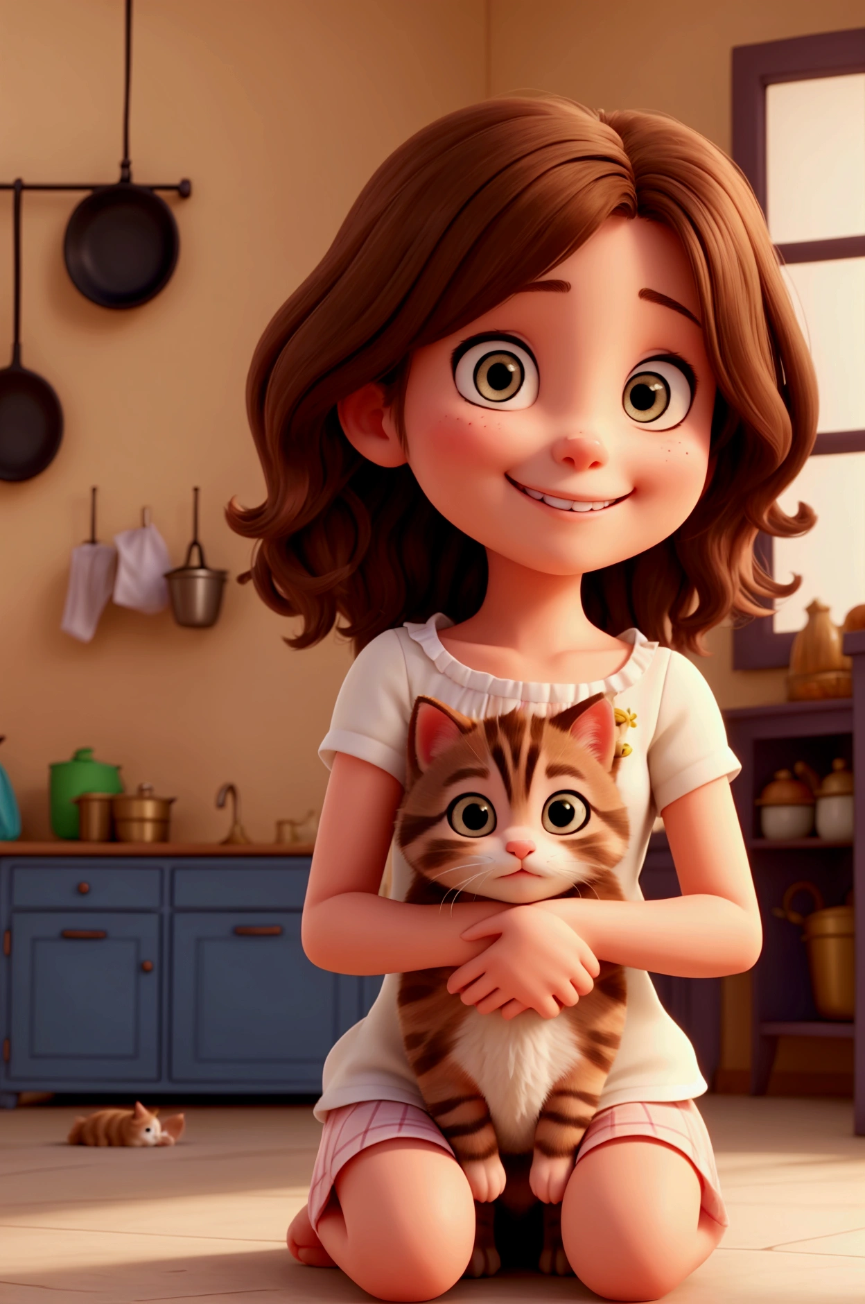  A beautiful brunette girl standing in the kitchen holding a kitten cuddling the cat, she is looking at the smiling cat ,  the cat is looking at her too and smiling  