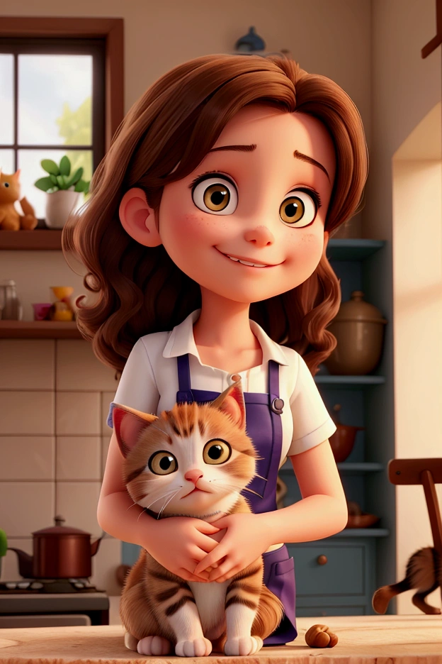  A beautiful brunette girl standing in the kitchen holding a kitten cuddling the cat, she is looking at the smiling cat ,  the cat is looking at her too and smiling  