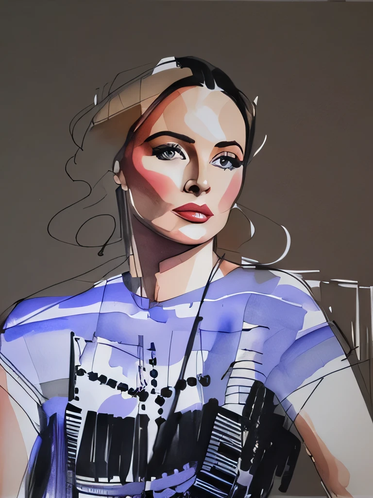 David Downton fashion illustration line art sketch, watercolor portrait