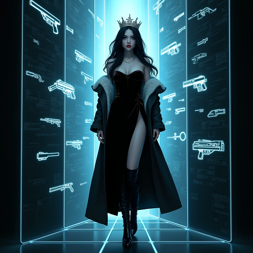 Aerial view, giant chess pieces statue, sci-fi outdoor maze background. Matrix style, at night, dark sky. (1girl, solo), photo realistic, large-breast:1.2 slim:0.9 body, cleavage:1.2, tube top, miniskirt, (matrix style black sunglasses), (holding a mini:1.1 stun gun), half-body thigh level medium shot, cinematic lighting, ray tracing.