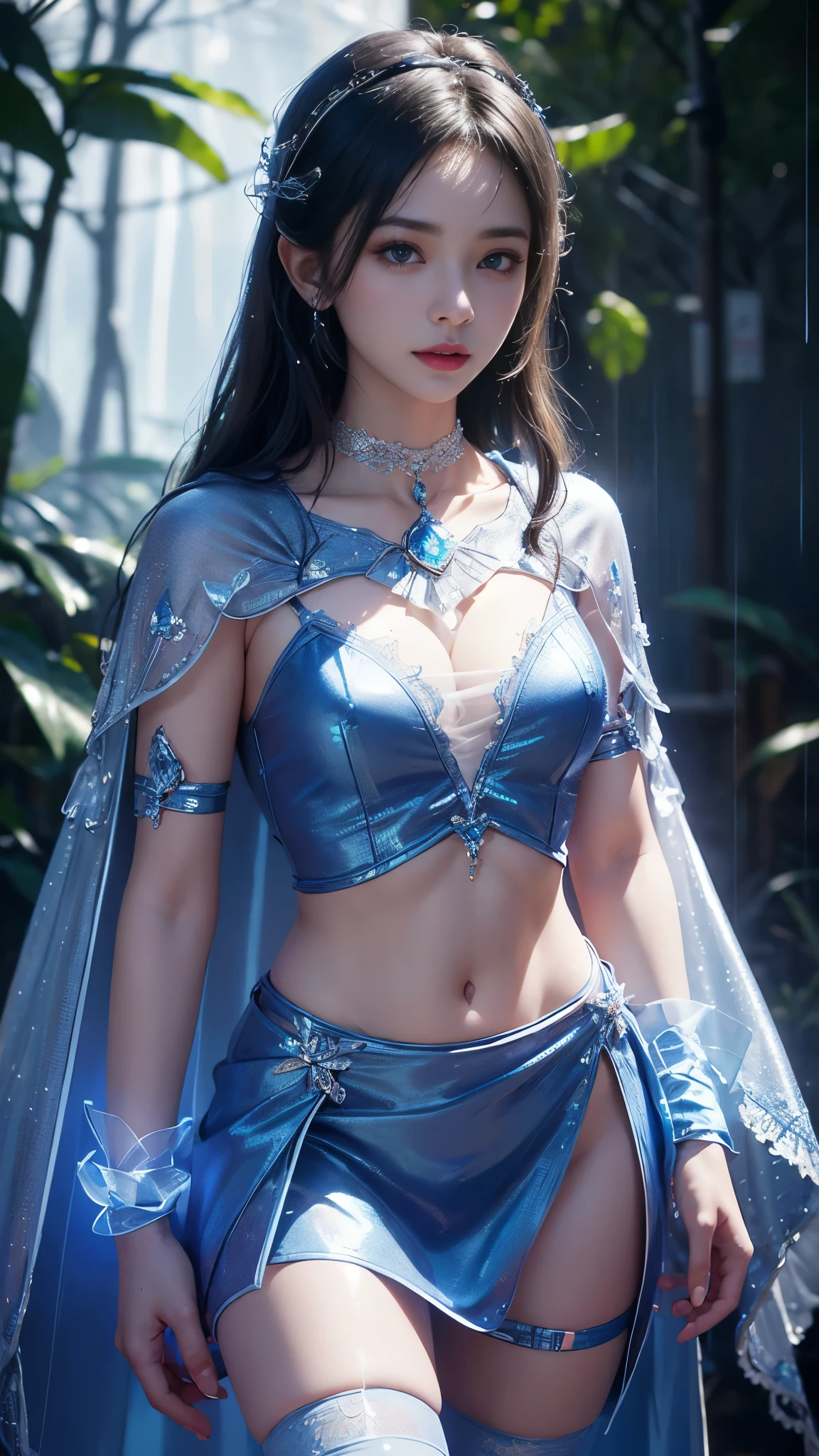 8K, UHD, Masterpiece, 1 girl, good face, ((glowing skin)), detailed eyes, very long hair, small breasts, Realistic dress, (mesh t-shirt), (detailed Clothing), (blue clothes), (detailed lace), ((side waist clothing)), ((navel)), (bare side hip), choker, ((mesh stocking)), ((sardine)), ((glowing cape)), necklace, earning, hairband, Realistic heaven, in the heaven, ((raining)), water, reflection, partical effect, lens flare, depth of field, ((ray tracing)), cinematic pose,