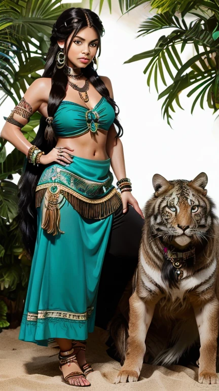 High resolution ultra detailed photography of a woman with long black hair wearing a necklace and earrings, wearing a Native American choker, Pocahontas, Native American, gorgeous woman, Native rich jewelry, photo of a beautiful woman, Indian girl with brown skin, Aztec princess, beautiful beautiful woman, hairstyle: wildly braided long braid, sides of head shaved, green eyes, model pose standing dancing in the jungle, many native tattoos, Full Clothing 