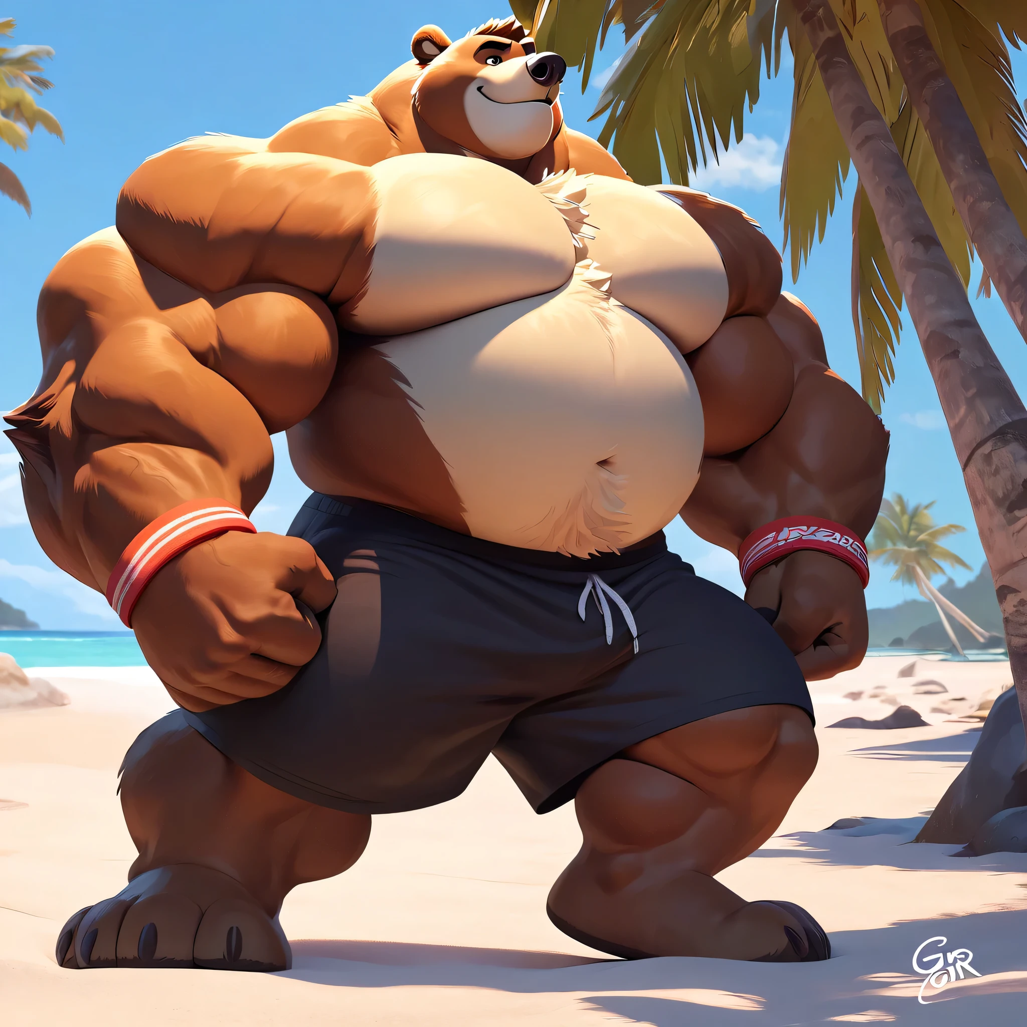 huge muscular kodiak bear in Tropical island beach, big grr, kodiak bear, huge brown fur, thick arm, huge arm, huge white fur, thick arm, huge arm, added brown mustache, added brown beard, short hair, height: 220cm, weight: 440lbs, (veiny bulked up muscular, pectoral, wide pectoral, thick bulky arms), Walt Disney 2D Zootopia Animation Art Style, detailed light brown eyebrows, detailed eyes with red pupils, (wearing black shorts, wristbands, shirtless, topless and feet), bouncing his pecs, flexing his biceps and his thorax