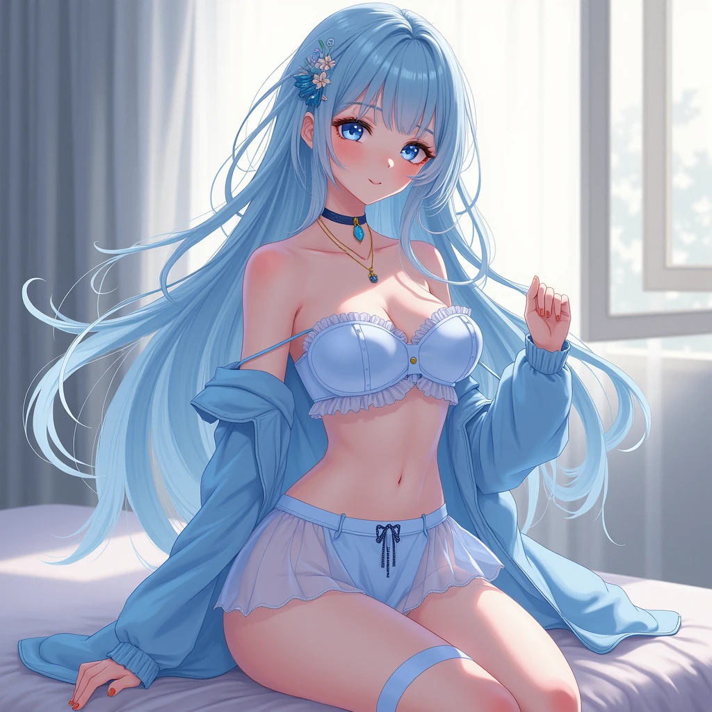 (Best Quality,High resolution,8K,finelity detailed background,Masterpiece:1.2),beautiful girl,Shiny light blue hair,messy hair,Light blue eyes,Gentle look,A refreshing look,Best quality,Best Quality,Aesthetic and aesthetic:1.2,Best details((Super detailed))(High-definition CG illustrations),cuteパジャマ,Slender body,night,Moonlight,Bedroom,On the bed,smile,blush,cute,Scrounge,Looking up,Being spoiled,super model,wariza,shoot from below