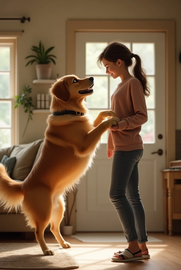 A dog barking a lot when receiving visitors at home. His female guardian with both hands on her head.