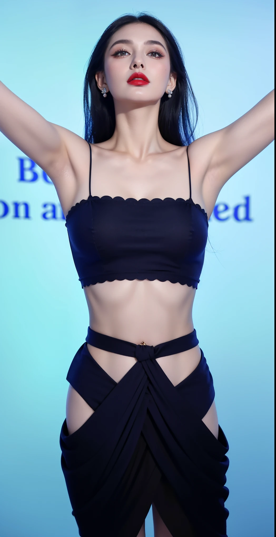 masterpiece: 1.25, highest quality, High resolution:1.35, RAW Photos:1.2, Realistic:1.37, Surreal, 16k, dream-like, ((One girl)), Cute Face, Long eyelashes, Fine eyelashes, eye shadow, Glowing Eyes, Realistic eyes, Natural Makeup, Distinct facial features, Curvy body type, skinny, Slender body, Fine and beautiful eyes: 1.2, Happy expression, Ulzzang, Sexy thighs, Shiny skin, Photon Mapping, Cinema Lighting, Cowboy Shot, (See-through pink lingerie), Show your armpits, Large firm breasts, G-Cup, Standing pose:1.3, Solid graffiti wall background