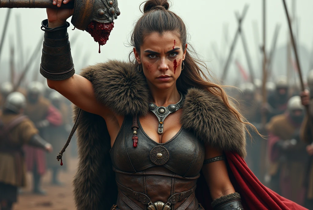 A naked tanned red-haired woman warrior with dark brown, her skin is dripping with sweat and is dirty, filthy, and with large bloodstains, She has a deep sword wound on her left shoulder, dressed only in an animal skin loincloth, and an energy sword attacked by a two gladiators. very dramatic, cinematic shot, shot from a movie, cinema composition shot, very detailed, high resolution, professional color, wonderful light, daylight, 300k resolution, highly realistic, lots of details.