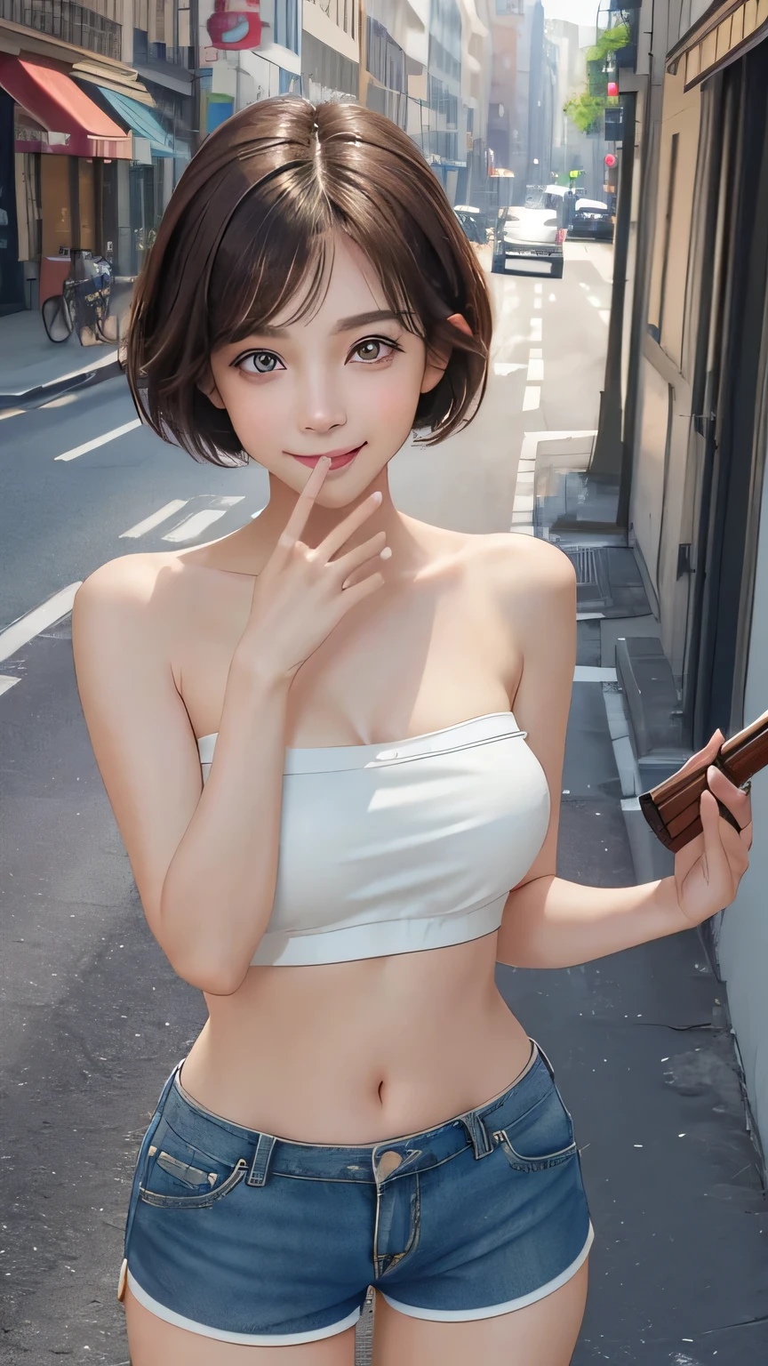 Non-NSFW、Realistic、Highest quality、Highest quality、masterpiece、Ultra-high resolution、RAW Photos、Realistic、Bright lighting、Face Light、Smooth Professional Lighting、Looking into the camera, (One hand on Lips:1.2),、alone、Adult female、Beautiful woman、Super Beauty、Realistic肌、Moisturized Skin、Realistic eyes and faces、Perfect model body shape、Beautiful Eyes、Big eyes、Inconspicuous tear bags、slim、No bra、Beautiful fingers、Very short hair、Brown Hair、Iris、Looks happy, (smile with One hand covering mouth:1.3) (looking down shy), (Strapless Cropped tube top:1.2), (Shorts:1.5),In the city, Small Ass, (Large Breasts:1.1),(Venus' Nipples:1.2), A konigsreuter、Sexy Random Poses,(standing:1.1),(from behind:1.6)