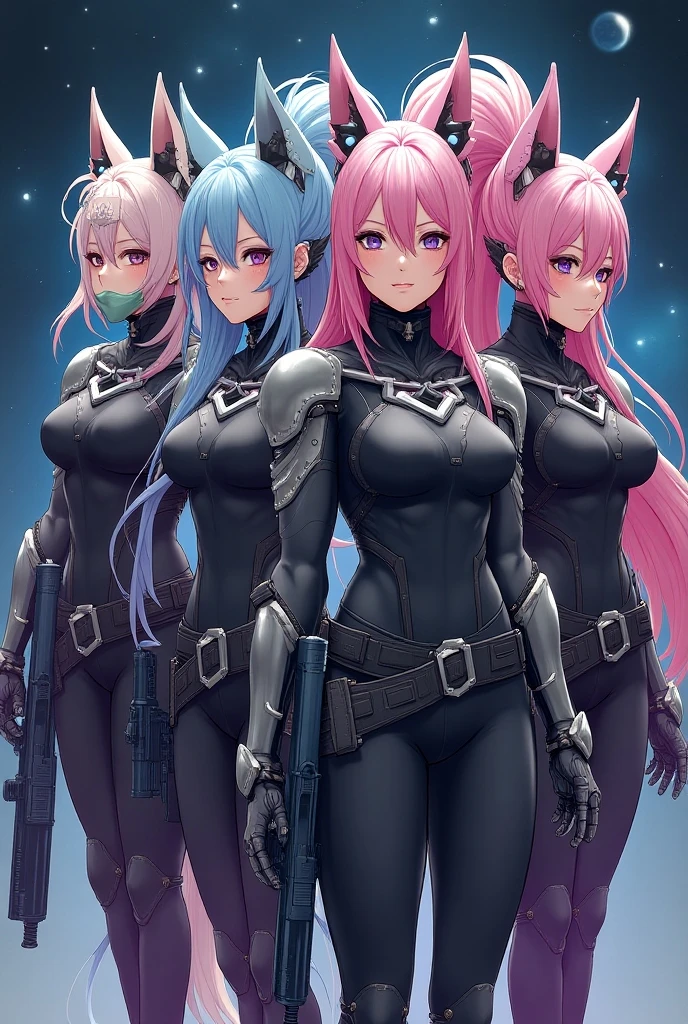 4girls, same character ideas, whole body, girl featuring animal like features (ears and tail), mechanical ear covers, long different colored hair with strong random colored tint, ponytail (not necessary), heterochromia, sci-fi suit colored mechanical mouthmask, random colored sci-fi mechanical suit, tight-fitting suit, different sized chest, hair colored fluffy tail with hair colored tint, cosmic background, large sniper rifle in the hands, katana on the belt, pistol on the belt,