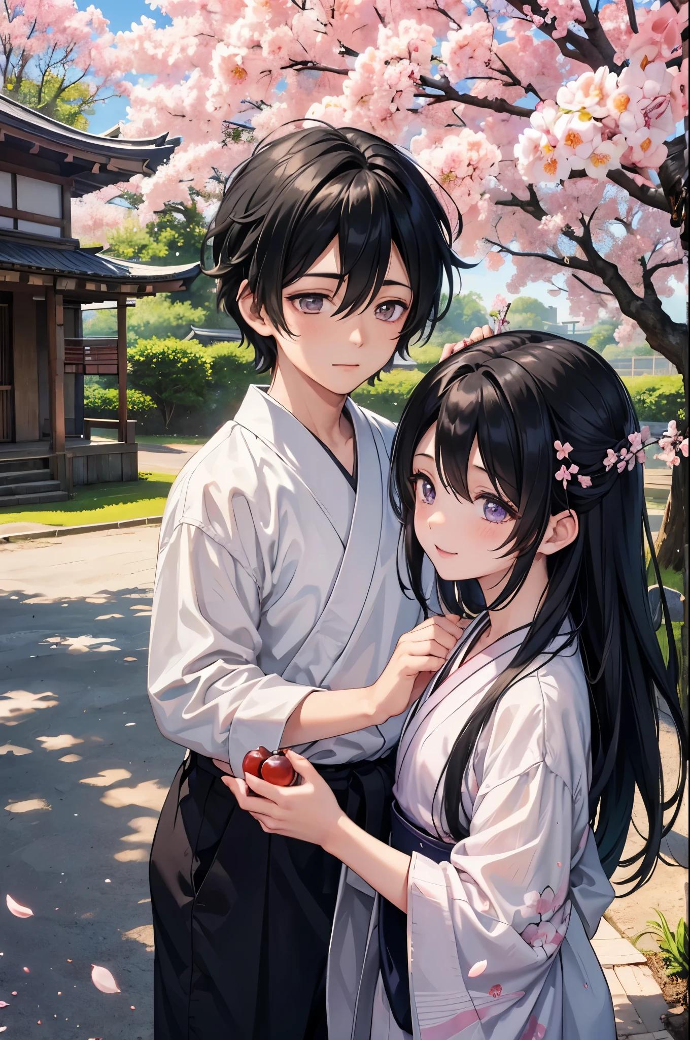 A boy and a girl playing on an old Japanese farm, surrounded by beautiful cherry blossom trees. The girl has long black hair and dark eyes, while the boy has short black hair and dark eyes. Both are laughing and running through the garden, against a background of traditional Japanese architecture and a clear blue sky. Style: vibrant illustration, soft and warm colours, with a touch of magical realism.