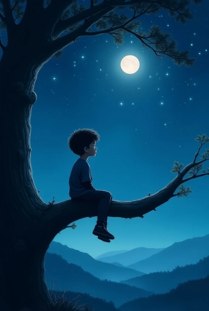 A boy enjoying the view of moon on a tree branch alone